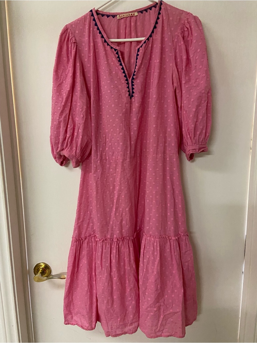 Banjanan Textured Pink Embroidered Neck Puff Sleeve Cotton MIDI Dress L Cotton